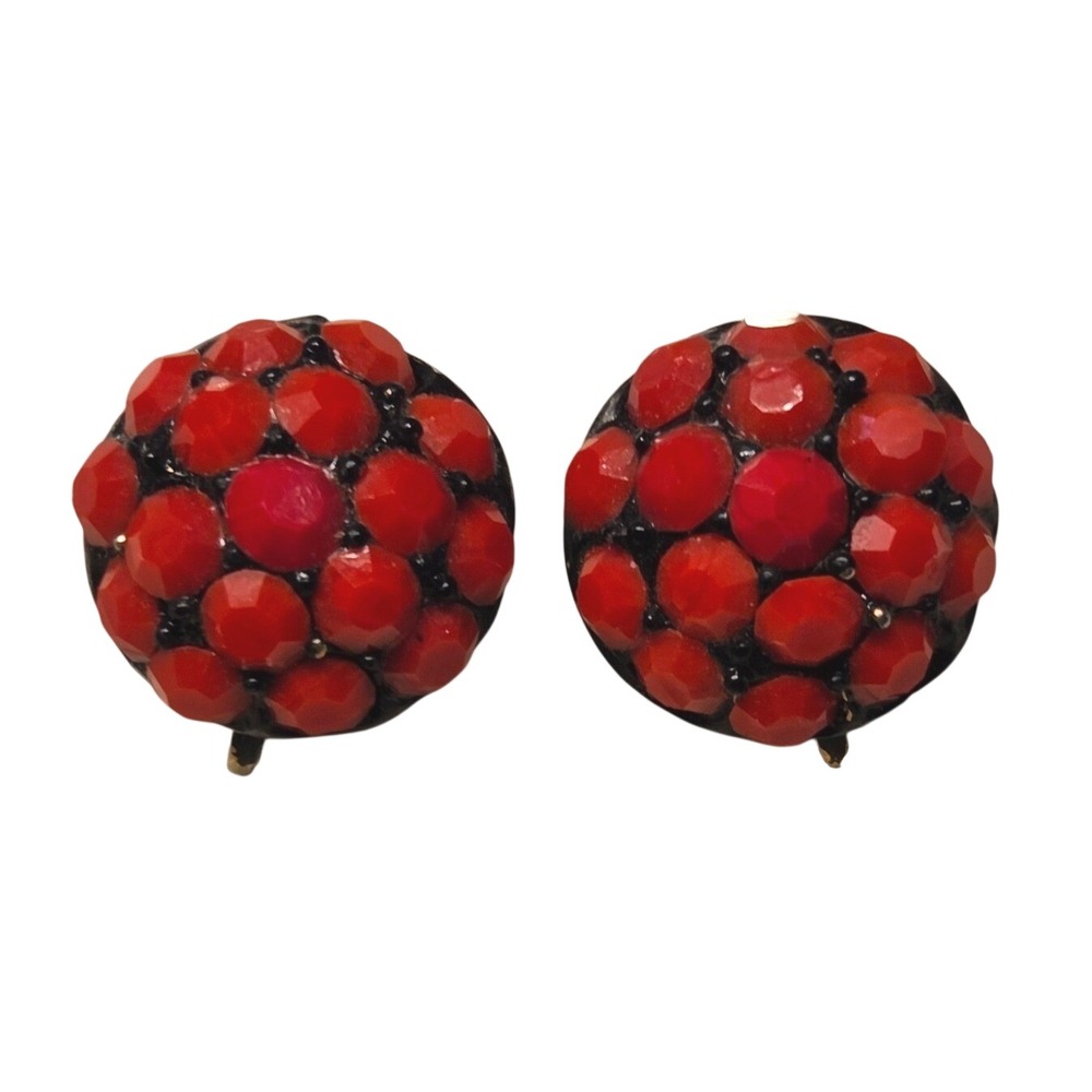 Vintage Red Rhinestone Cluster Clip On Earrings Round Sparkle Retro‎ Glam